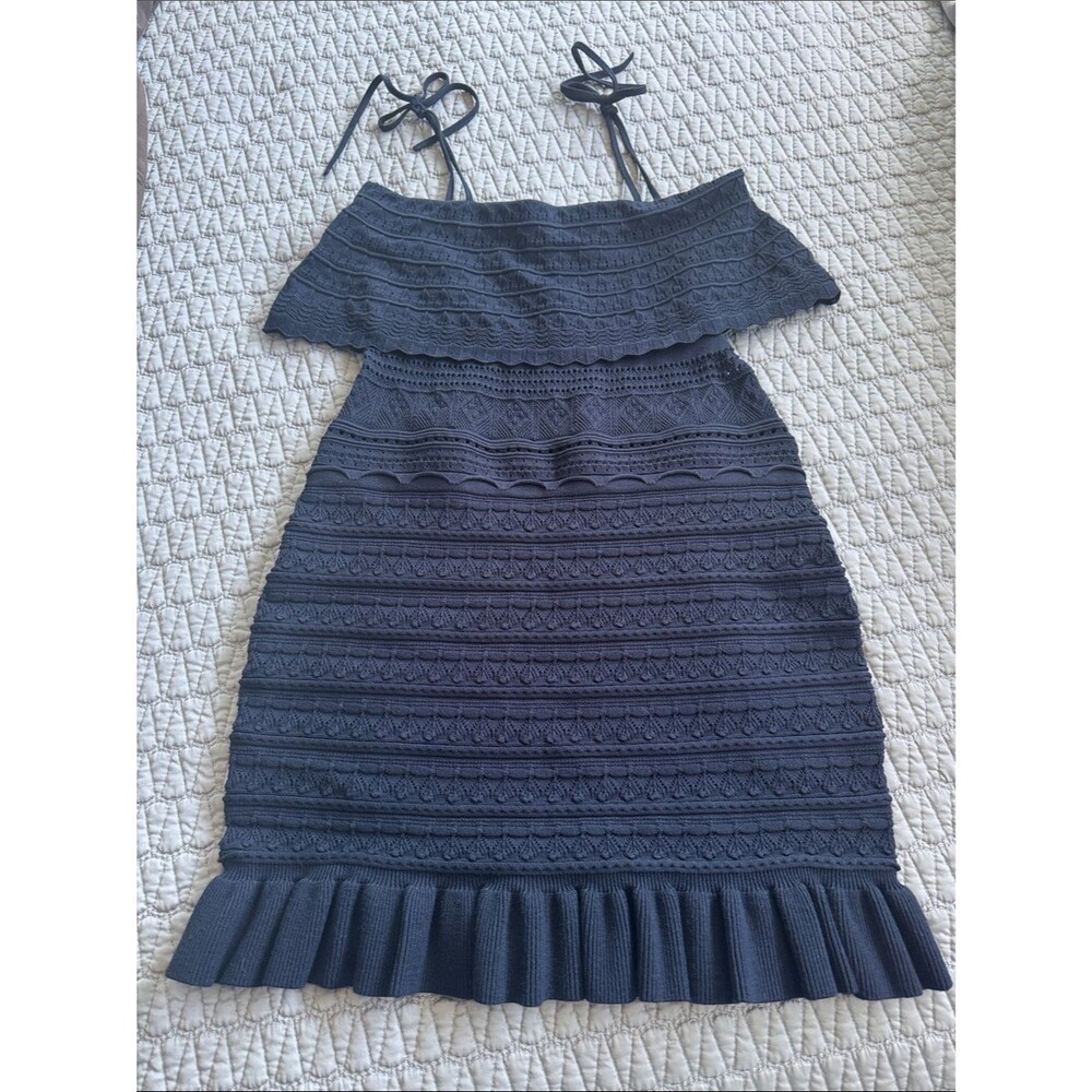 Milly Women's Ruffle Yoke Pointelle Knit Short Sheath Dress Navy Blue Size M